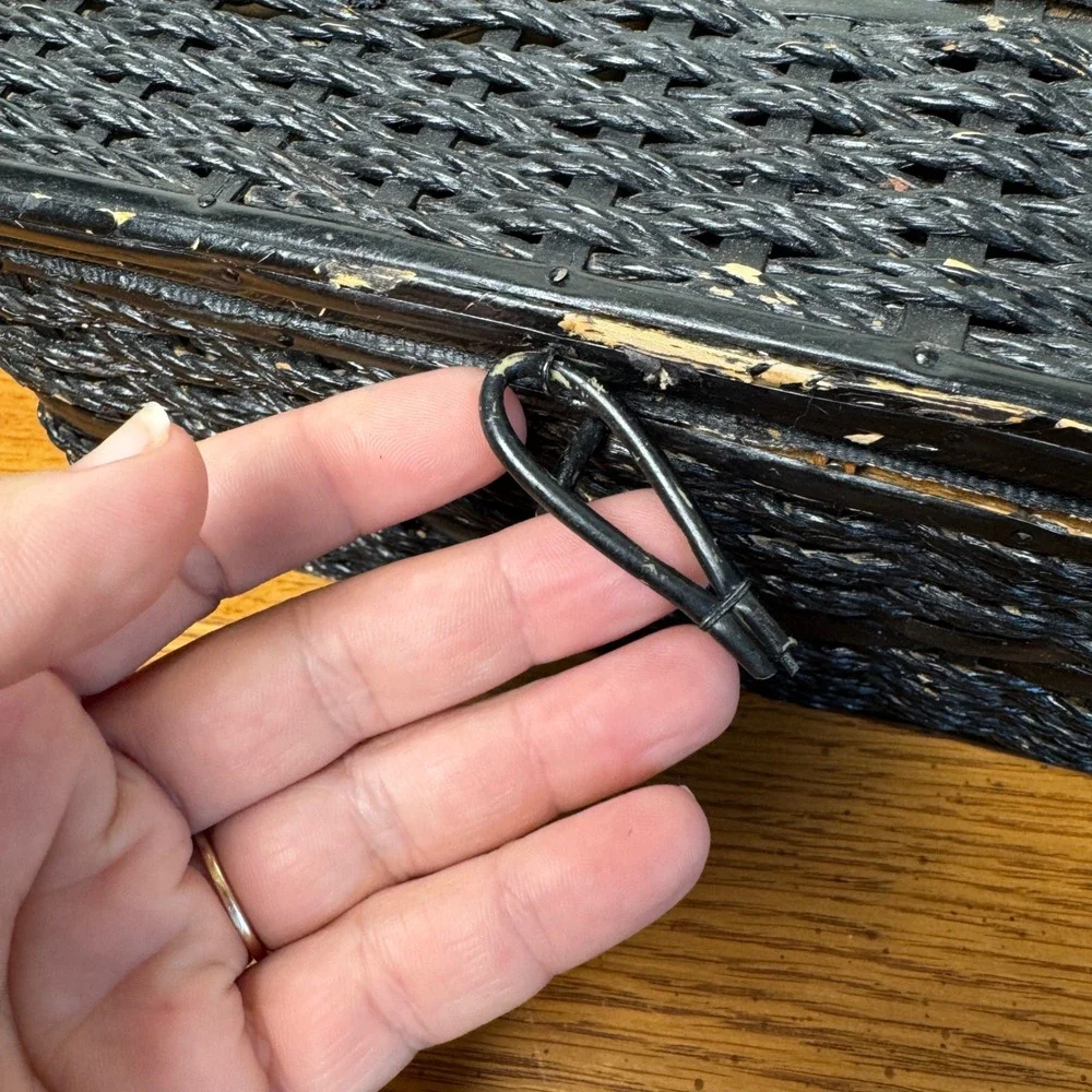 Vintage Black Wicker Sewing Kit Notions Case Handle Clasp Satin‎ lined
